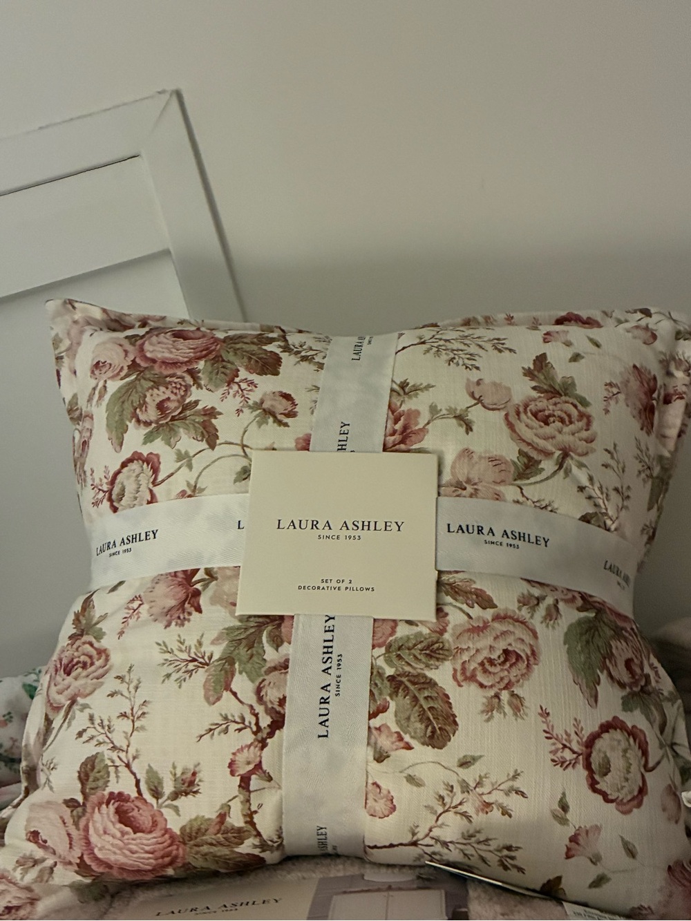 SET OF TWO! Laura Ashley Rose Garden Accent Pillow in Cream, Pink & Green